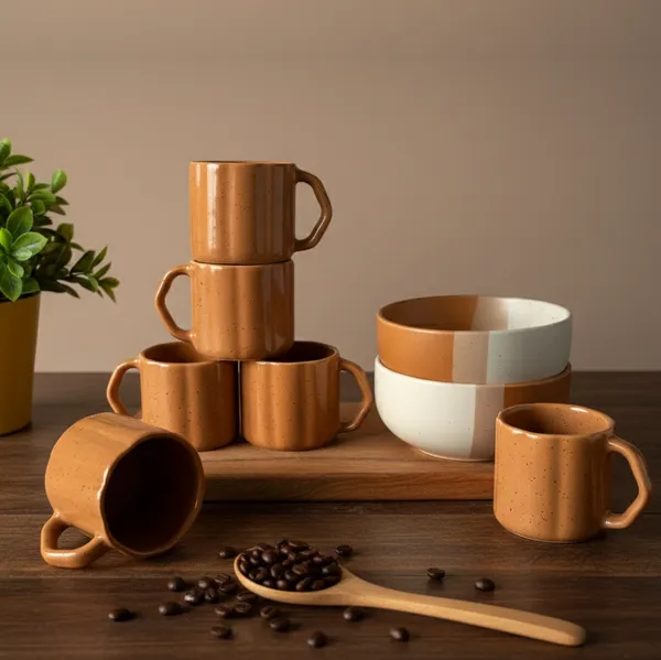 IZZYLYF_Brown_Ceramic_Snack_Bowl_&_Tea_Cup_Combo_|_2_Bowls_+_6_Tea_Cups(Fringe)_|_Microwave_&_Dishwasher_Safe_|_Multipurpose_Combo_for_Coffee,_Snacking,_Diwali_Gifting
