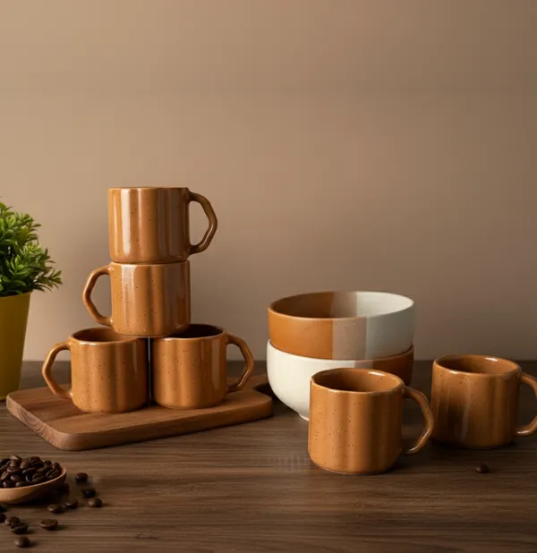 IZZYLYF_Brown_Ceramic_Snack_Bowl_&_Tea_Cup_Combo_|_2_Bowls_+_6_Tea_Cups(Fringe)_|_Microwave_&_Dishwasher_Safe_|_Multipurpose_Combo_for_Coffee,_Snacking,_Diwali_Gifting