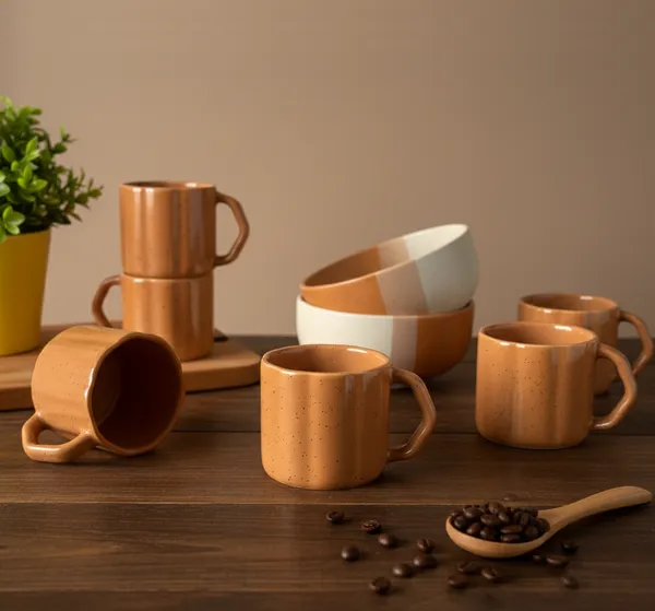 IZZYLYF_Brown_Ceramic_Snack_Bowl_&_Tea_Cup_Combo_|_2_Bowls_+_6_Tea_Cups(Fringe)_|_Microwave_&_Dishwasher_Safe_|_Multipurpose_Combo_for_Coffee,_Snacking,_Diwali_Gifting