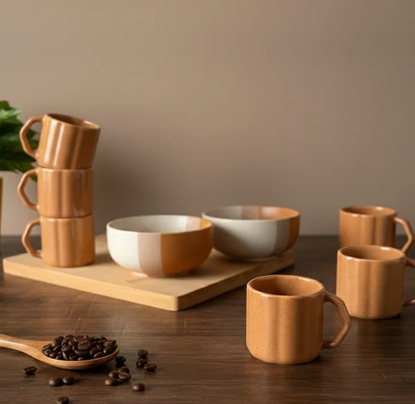 IZZYLYF_Brown_Ceramic_Snack_Bowl_&_Tea_Cup_Combo_|_2_Bowls_+_6_Tea_Cups(Fringe)_|_Microwave_&_Dishwasher_Safe_|_Multipurpose_Combo_for_Coffee,_Snacking,_Diwali_Gifting