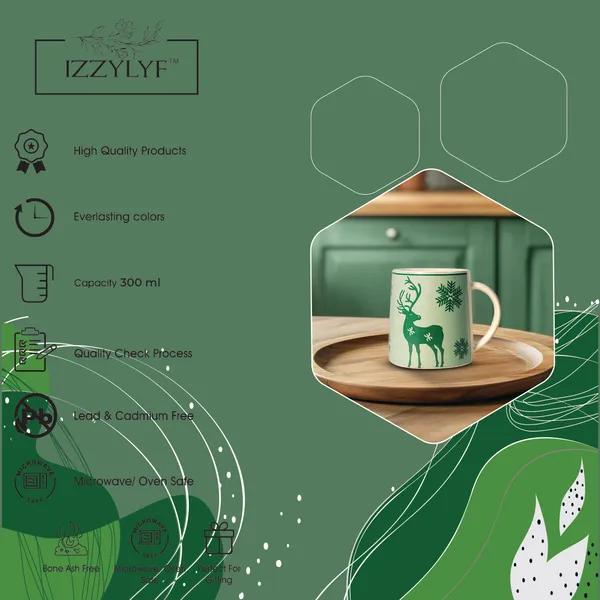 Green_Mat_Finish_Printed_Deer_Ceramic_2_Coffee_Mug_With_1_Tray_Set