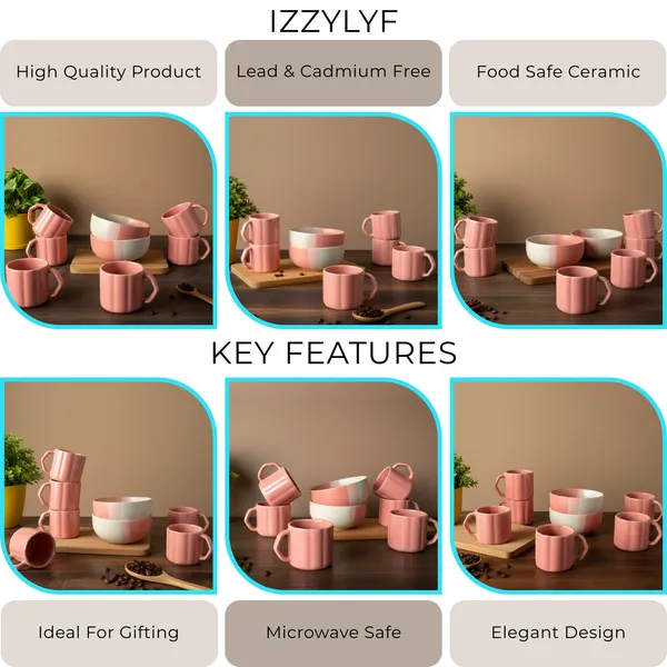 IZZYLYF_Pink_Ceramic_Snack_Bowl_&_Tea_Cup_Combo_|_2_Bowls_+_6_Tea_Cups(Fringe)_|_Microwave_&_Dishwasher_Safe_|_Multipurpose_Combo_for_Coffee,_Snacking,_Diwali_Gifting