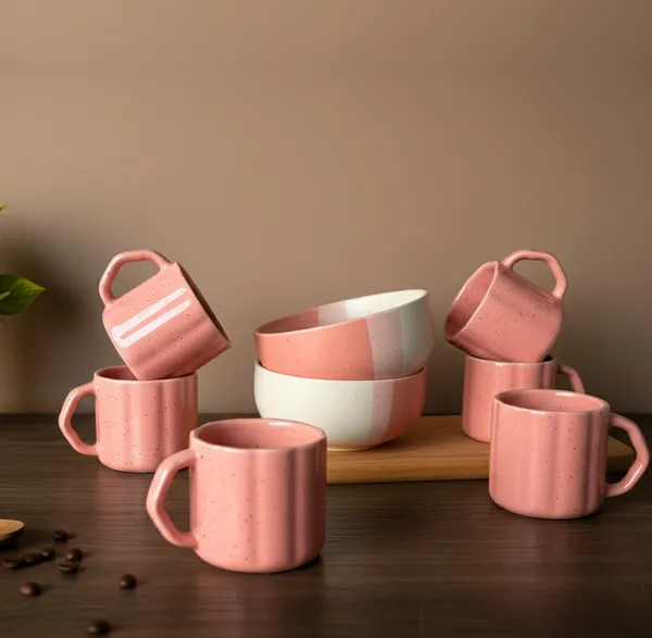 IZZYLYF_Pink_Ceramic_Snack_Bowl_&_Tea_Cup_Combo_|_2_Bowls_+_6_Tea_Cups(Fringe)_|_Microwave_&_Dishwasher_Safe_|_Multipurpose_Combo_for_Coffee,_Snacking,_Diwali_Gifting