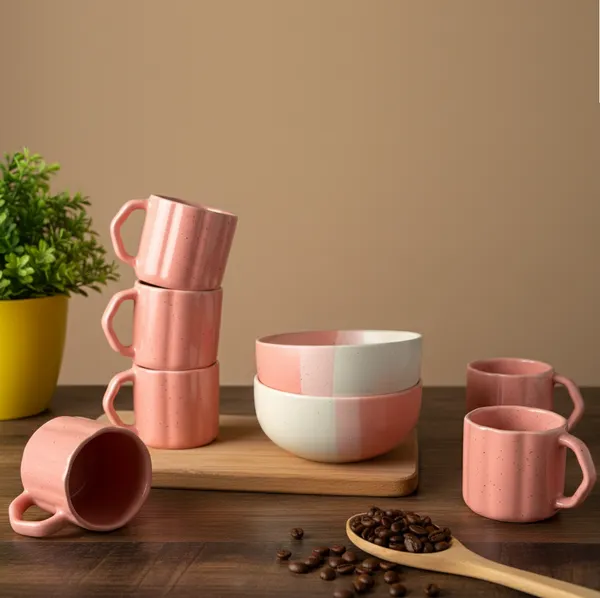 IZZYLYF_Pink_Ceramic_Snack_Bowl_&_Tea_Cup_Combo_|_2_Bowls_+_6_Tea_Cups(Fringe)_|_Microwave_&_Dishwasher_Safe_|_Multipurpose_Combo_for_Coffee,_Snacking,_Diwali_Gifting