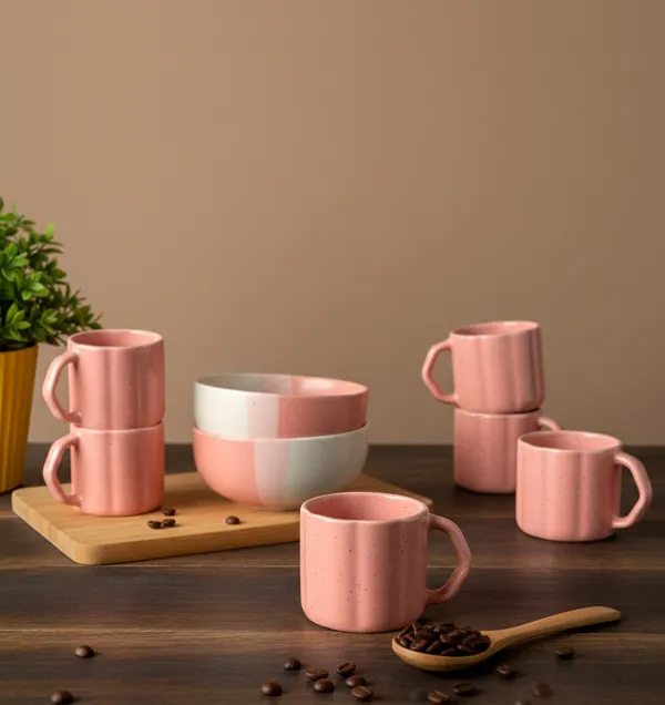 IZZYLYF_Pink_Ceramic_Snack_Bowl_&_Tea_Cup_Combo_|_2_Bowls_+_6_Tea_Cups(Fringe)_|_Microwave_&_Dishwasher_Safe_|_Multipurpose_Combo_for_Coffee,_Snacking,_Diwali_Gifting