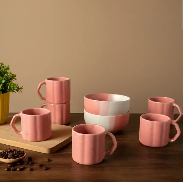 IZZYLYF_Pink_Ceramic_Snack_Bowl_&_Tea_Cup_Combo_|_2_Bowls_+_6_Tea_Cups(Fringe)_|_Microwave_&_Dishwasher_Safe_|_Multipurpose_Combo_for_Coffee,_Snacking,_Diwali_Gifting