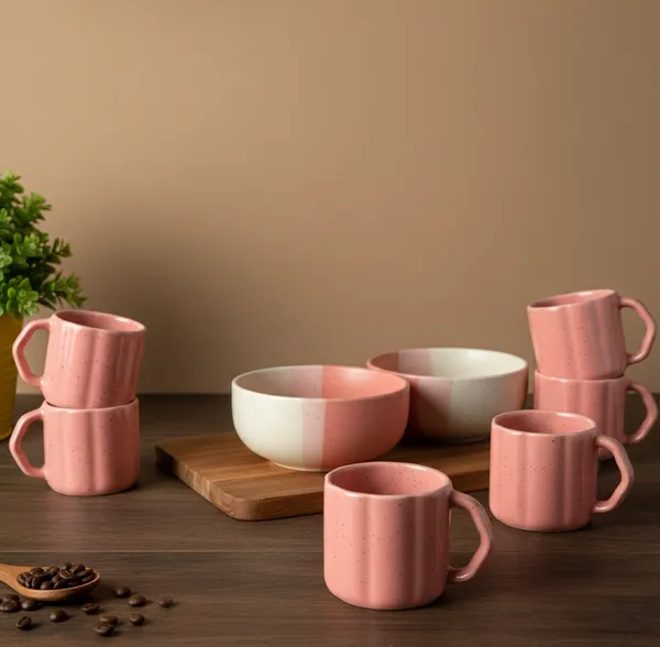 IZZYLYF_Pink_Ceramic_Snack_Bowl_&_Tea_Cup_Combo_|_2_Bowls_+_6_Tea_Cups(Fringe)_|_Microwave_&_Dishwasher_Safe_|_Multipurpose_Combo_for_Coffee,_Snacking,_Diwali_Gifting