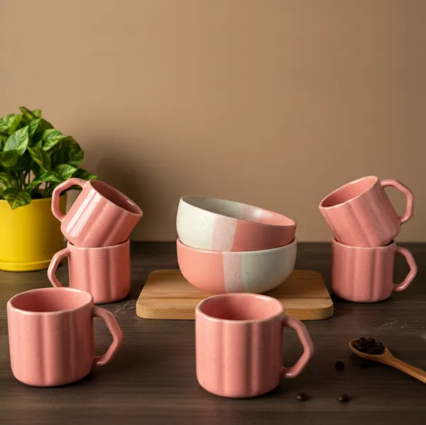 IZZYLYF_Pink_Ceramic_Snack_Bowl_&_Tea_Cup_Combo_|_2_Bowls_+_6_Tea_Cups(Fringe)_|_Microwave_&_Dishwasher_Safe_|_Multipurpose_Combo_for_Coffee,_Snacking,_Diwali_Gifting
