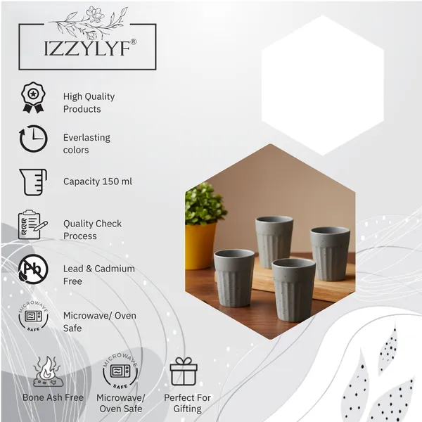 IZZYLYF_Ceramic_Cutting_Tea_Cups_|_Grey_|_Chai_Cups_for_Tea,_Coffee_&_Milk_|_Pottery_Style_Ceramic_Mugs_|_Microwave_&_Dishwasher_Safe_|_Hot_&_Cold_Beverages_|_150_Ml_|_Pack_of_6