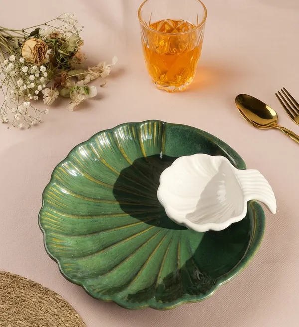 Green_Sea_Shell_Small_19cm_Ceramic_Platter_With_Dip
