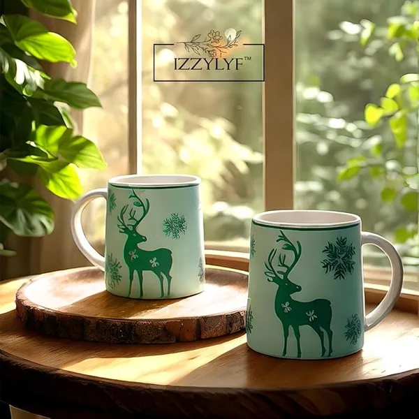 Green_Mat_Finish_Printed_Deer_Ceramic_2_Coffee_Mug_With_1_Tray_Set
