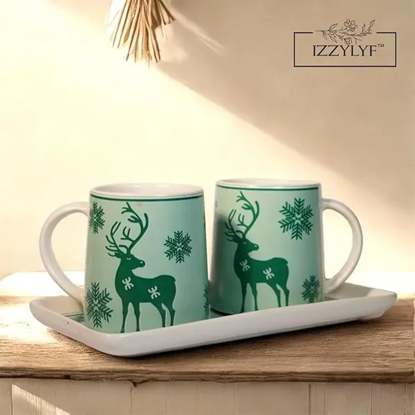Green_Mat_Finish_Printed_Deer_Ceramic_2_Coffee_Mug_With_1_Tray_Set
