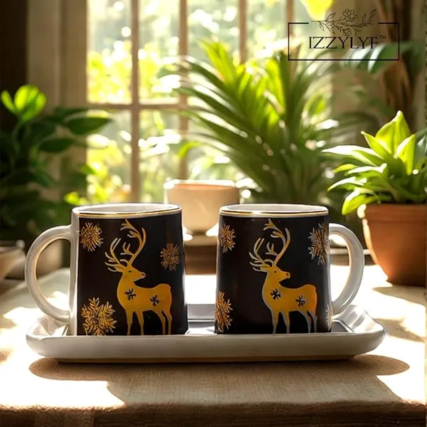 Black_Mat_Finish_Printed_Deer_Ceramic_2_Coffee_Mug_With_1_Tray_Set