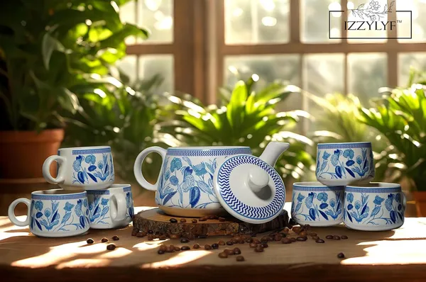 Blue_Printed_Mat_Finish_Garden_Whispers_Tea_&_Kettle_Set-_6_Ceramic_Tea_Cups,_1_Kettle_Pack_Of_7