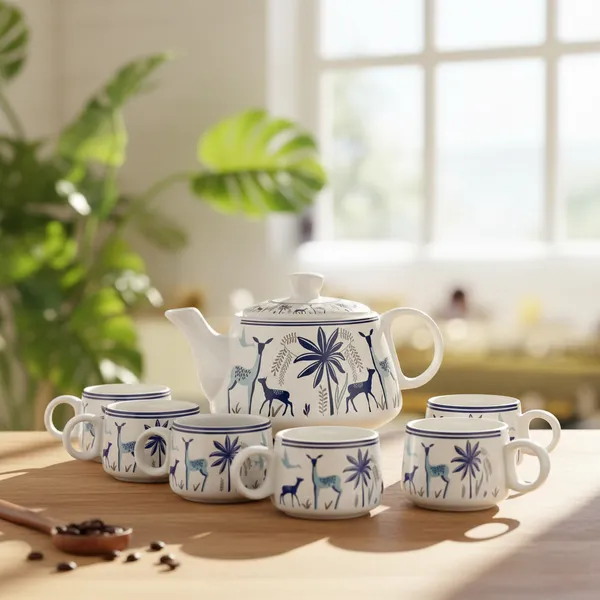 Blue_Printed_Mat_Finish_Deer_Tea_&_Kettle_Set_-_6_Ceramic_Tea_Cups,_1_Kettle_Pack_Of_7