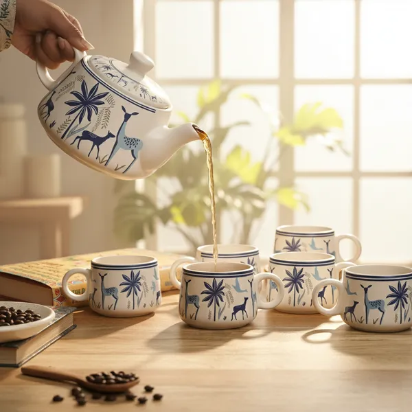 Blue_Printed_Mat_Finish_Deer_Tea_&_Kettle_Set_-_6_Ceramic_Tea_Cups,_1_Kettle_Pack_Of_7