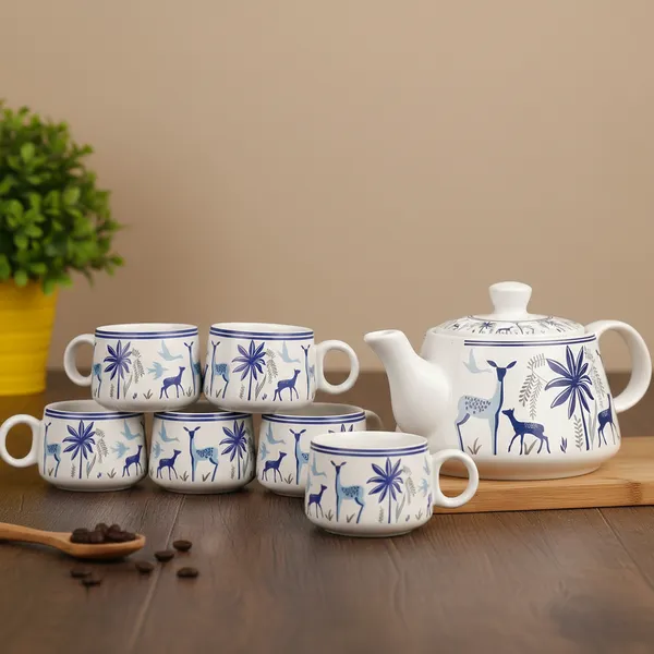 Blue_Printed_Mat_Finish_Deer_Tea_&_Kettle_Set_-_6_Ceramic_Tea_Cups,_1_Kettle_Pack_Of_7