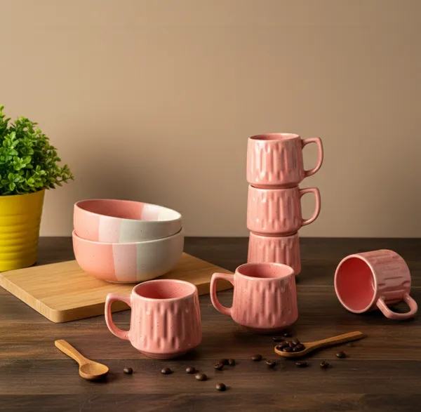 IZZYLYF_Pink_Ceramic_Snack_Bowl_&_Tea_Cup_Combo_|_2_Bowls_+_6_Tea_Cups(Fringe)_|_Microwave_&_Dishwasher_Safe_|_Multipurpose_Combo_for_Coffee,_Snacking,_Diwali_Gifting
