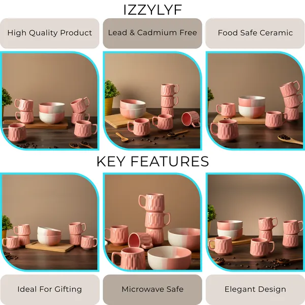 IZZYLYF_Pink_Ceramic_Snack_Bowl_&_Tea_Cup_Combo_|_2_Bowls_+_6_Tea_Cups(Fringe)_|_Microwave_&_Dishwasher_Safe_|_Multipurpose_Combo_for_Coffee,_Snacking,_Diwali_Gifting
