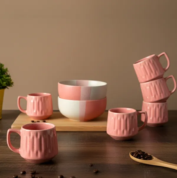 IZZYLYF_Pink_Ceramic_Snack_Bowl_&_Tea_Cup_Combo_|_2_Bowls_+_6_Tea_Cups(Fringe)_|_Microwave_&_Dishwasher_Safe_|_Multipurpose_Combo_for_Coffee,_Snacking,_Diwali_Gifting