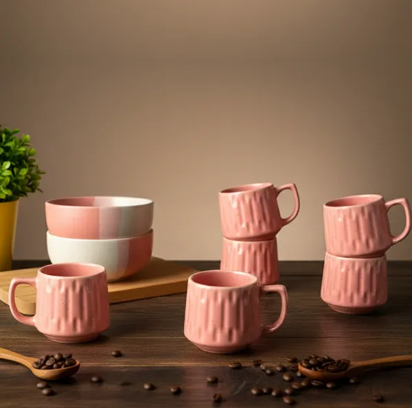 IZZYLYF_Pink_Ceramic_Snack_Bowl_&_Tea_Cup_Combo_|_2_Bowls_+_6_Tea_Cups(Fringe)_|_Microwave_&_Dishwasher_Safe_|_Multipurpose_Combo_for_Coffee,_Snacking,_Diwali_Gifting