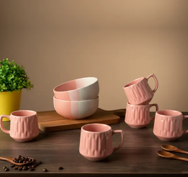 IZZYLYF_Pink_Ceramic_Snack_Bowl_&_Tea_Cup_Combo_|_2_Bowls_+_6_Tea_Cups(Fringe)_|_Microwave_&_Dishwasher_Safe_|_Multipurpose_Combo_for_Coffee,_Snacking,_Diwali_Gifting