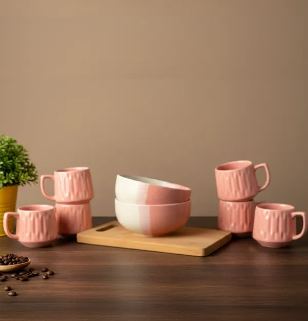 IZZYLYF_Pink_Ceramic_Snack_Bowl_&_Tea_Cup_Combo_|_2_Bowls_+_6_Tea_Cups(Fringe)_|_Microwave_&_Dishwasher_Safe_|_Multipurpose_Combo_for_Coffee,_Snacking,_Diwali_Gifting