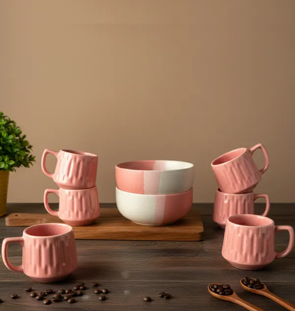 IZZYLYF_Pink_Ceramic_Snack_Bowl_&_Tea_Cup_Combo_|_2_Bowls_+_6_Tea_Cups(Fringe)_|_Microwave_&_Dishwasher_Safe_|_Multipurpose_Combo_for_Coffee,_Snacking,_Diwali_Gifting