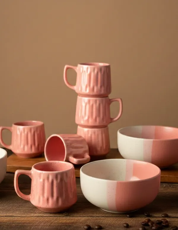 IZZYLYF_Pink_Ceramic_Snack_Bowl_&_Tea_Cup_Combo_|_2_Bowls_+_6_Tea_Cups(Fringe)_|_Microwave_&_Dishwasher_Safe_|_Multipurpose_Combo_for_Coffee,_Snacking,_Diwali_Gifting