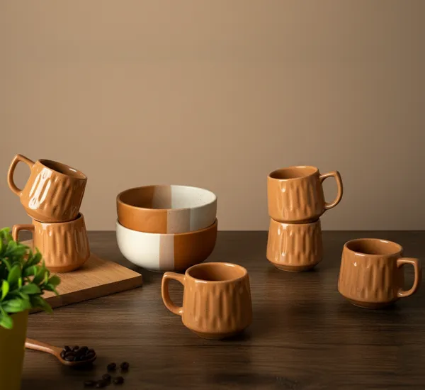 IZZYLYF_Brown_Ceramic_Snack_Bowl_&_Tea_Cup_Combo_|_2_Bowls_+_6_Tea_Cups(Fringe)_|_Microwave_&_Dishwasher_Safe_|_Multipurpose_Combo_for_Coffee,_Snacking,_Diwali_Gifting
