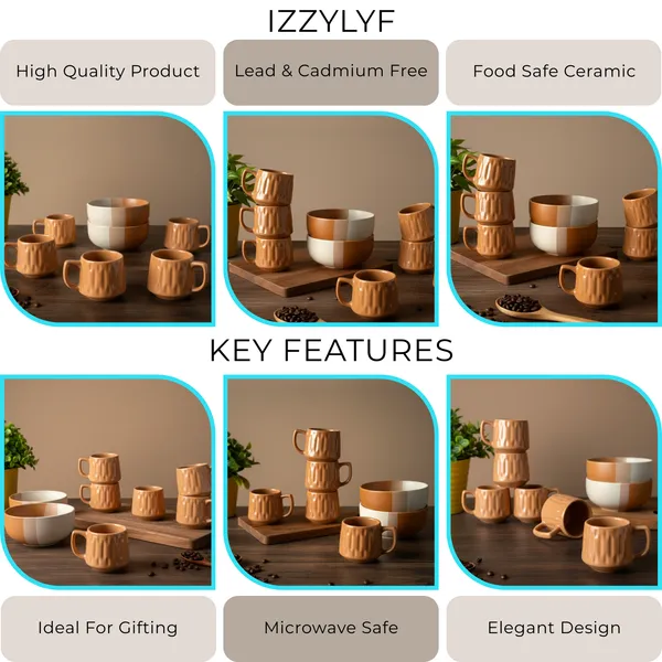 IZZYLYF_Brown_Ceramic_Snack_Bowl_&_Tea_Cup_Combo_|_2_Bowls_+_6_Tea_Cups(Fringe)_|_Microwave_&_Dishwasher_Safe_|_Multipurpose_Combo_for_Coffee,_Snacking,_Diwali_Gifting