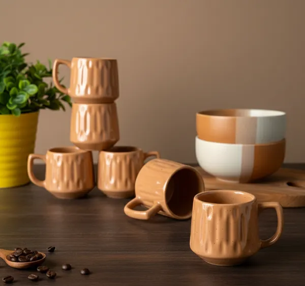 IZZYLYF_Brown_Ceramic_Snack_Bowl_&_Tea_Cup_Combo_|_2_Bowls_+_6_Tea_Cups(Fringe)_|_Microwave_&_Dishwasher_Safe_|_Multipurpose_Combo_for_Coffee,_Snacking,_Diwali_Gifting