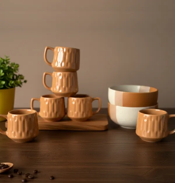 IZZYLYF_Brown_Ceramic_Snack_Bowl_&_Tea_Cup_Combo_|_2_Bowls_+_6_Tea_Cups(Fringe)_|_Microwave_&_Dishwasher_Safe_|_Multipurpose_Combo_for_Coffee,_Snacking,_Diwali_Gifting
