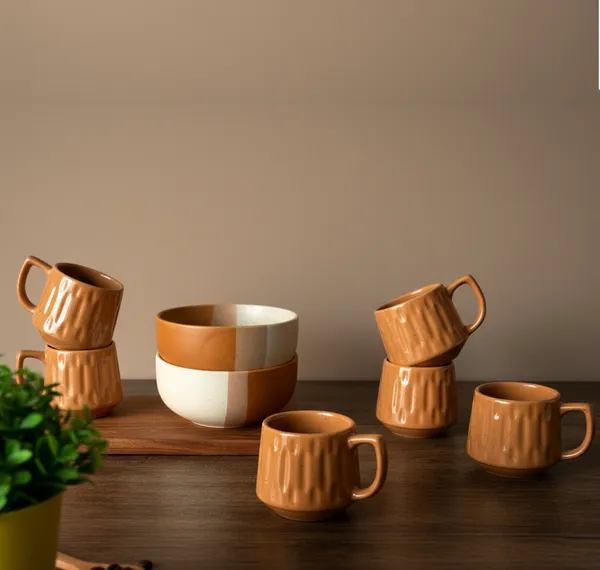 IZZYLYF_Brown_Ceramic_Snack_Bowl_&_Tea_Cup_Combo_|_2_Bowls_+_6_Tea_Cups(Fringe)_|_Microwave_&_Dishwasher_Safe_|_Multipurpose_Combo_for_Coffee,_Snacking,_Diwali_Gifting