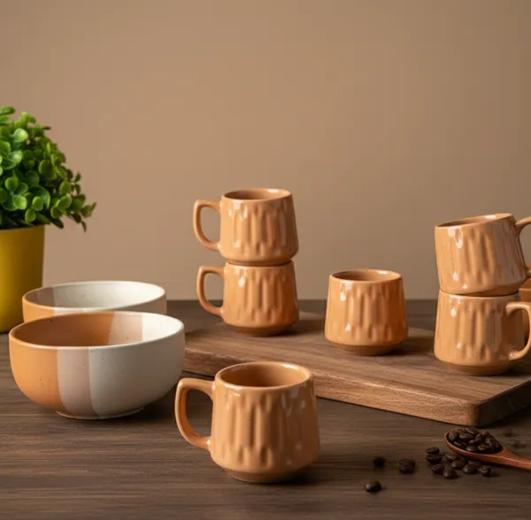 IZZYLYF_Brown_Ceramic_Snack_Bowl_&_Tea_Cup_Combo_|_2_Bowls_+_6_Tea_Cups(Fringe)_|_Microwave_&_Dishwasher_Safe_|_Multipurpose_Combo_for_Coffee,_Snacking,_Diwali_Gifting