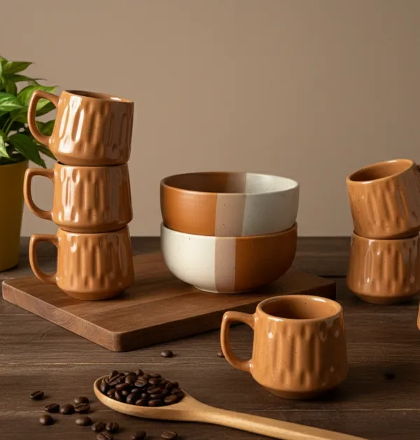 IZZYLYF_Brown_Ceramic_Snack_Bowl_&_Tea_Cup_Combo_|_2_Bowls_+_6_Tea_Cups(Fringe)_|_Microwave_&_Dishwasher_Safe_|_Multipurpose_Combo_for_Coffee,_Snacking,_Diwali_Gifting