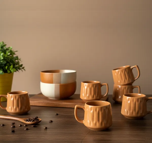 IZZYLYF_Brown_Ceramic_Snack_Bowl_&_Tea_Cup_Combo_|_2_Bowls_+_6_Tea_Cups(Fringe)_|_Microwave_&_Dishwasher_Safe_|_Multipurpose_Combo_for_Coffee,_Snacking,_Diwali_Gifting
