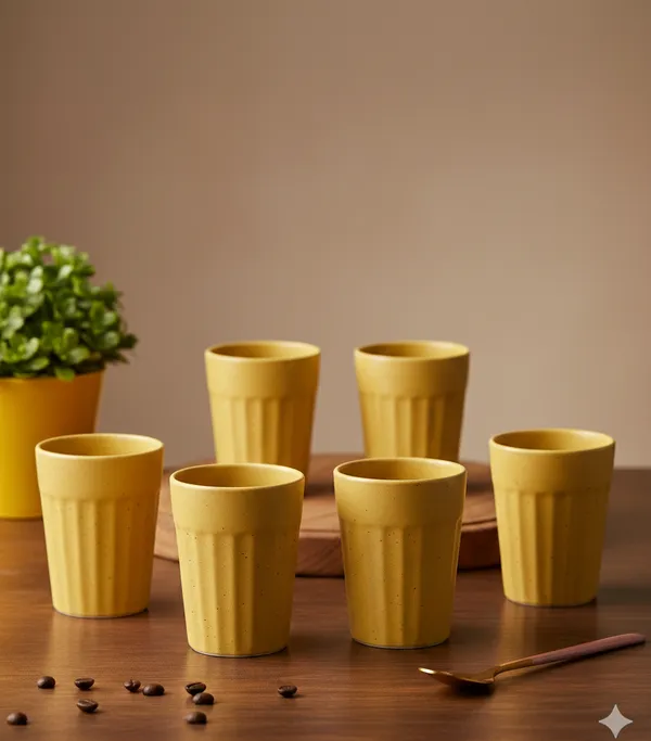 IZZYLYF_Ceramic_Cutting_Tea_Cups_|_Yellow_|_Chai_Cups_for_Tea,_Coffee_&_Milk_|_Pottery_Style_Ceramic_Mugs_|_Microwave_&_Dishwasher_Safe_|_Hot_&_Cold_Beverages_|_150_Ml_|_Pack_of_6