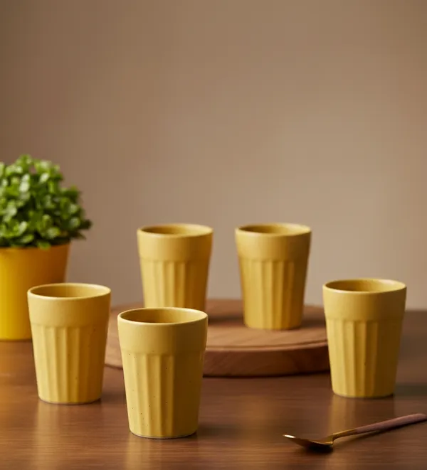 IZZYLYF_Ceramic_Cutting_Tea_Cups_|_Yellow_|_Chai_Cups_for_Tea,_Coffee_&_Milk_|_Pottery_Style_Ceramic_Mugs_|_Microwave_&_Dishwasher_Safe_|_Hot_&_Cold_Beverages_|_150_Ml_|_Pack_of_6