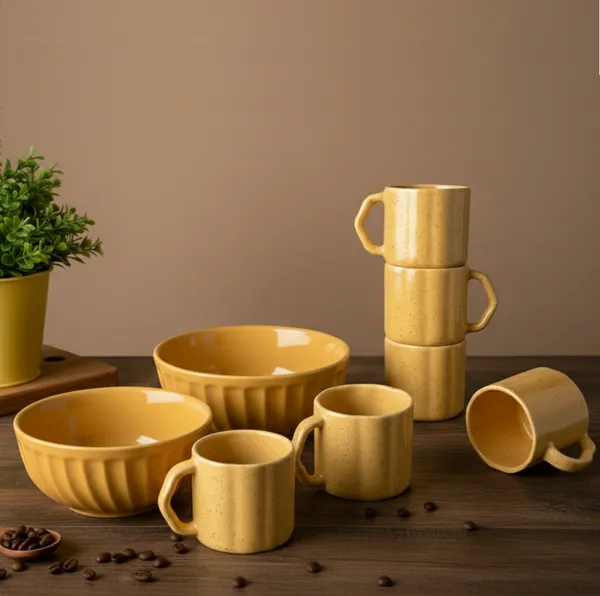 IZZYLYF_Yellow_Ceramic_Snack_Bowl_&_Tea_Cup_Combo_|_2_Bowls_+_6_Tea_Cups(Fringe)_|_Microwave_&_Dishwasher_Safe_|_Multipurpose_Combo_for_Coffee,_Snacking,_Diwali_Gifting