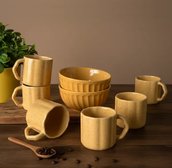 IZZYLYF_Yellow_Ceramic_Snack_Bowl_&_Tea_Cup_Combo_|_2_Bowls_+_6_Tea_Cups(Fringe)_|_Microwave_&_Dishwasher_Safe_|_Multipurpose_Combo_for_Coffee,_Snacking,_Diwali_Gifting