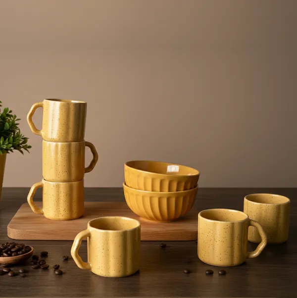IZZYLYF_Yellow_Ceramic_Snack_Bowl_&_Tea_Cup_Combo_|_2_Bowls_+_6_Tea_Cups(Fringe)_|_Microwave_&_Dishwasher_Safe_|_Multipurpose_Combo_for_Coffee,_Snacking,_Diwali_Gifting