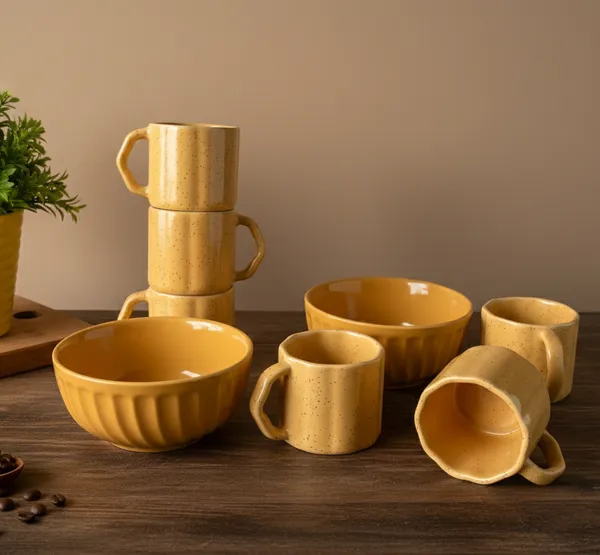 IZZYLYF_Yellow_Ceramic_Snack_Bowl_&_Tea_Cup_Combo_|_2_Bowls_+_6_Tea_Cups(Fringe)_|_Microwave_&_Dishwasher_Safe_|_Multipurpose_Combo_for_Coffee,_Snacking,_Diwali_Gifting