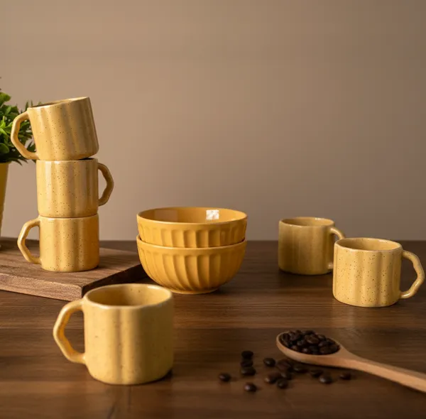 IZZYLYF_Yellow_Ceramic_Snack_Bowl_&_Tea_Cup_Combo_|_2_Bowls_+_6_Tea_Cups(Fringe)_|_Microwave_&_Dishwasher_Safe_|_Multipurpose_Combo_for_Coffee,_Snacking,_Diwali_Gifting