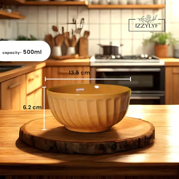 IZZYLYF_Yellow_Ceramic_Snack_Bowl_&_Tea_Cup_Combo_|_2_Bowls_+_6_Tea_Cups(Fringe)_|_Microwave_&_Dishwasher_Safe_|_Multipurpose_Combo_for_Coffee,_Snacking,_Diwali_Gifting