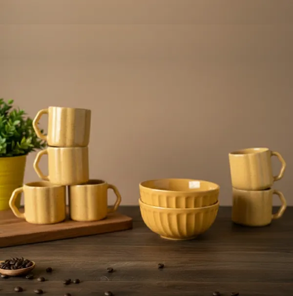 IZZYLYF_Yellow_Ceramic_Snack_Bowl_&_Tea_Cup_Combo_|_2_Bowls_+_6_Tea_Cups(Fringe)_|_Microwave_&_Dishwasher_Safe_|_Multipurpose_Combo_for_Coffee,_Snacking,_Diwali_Gifting