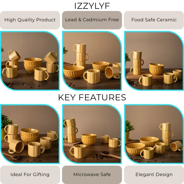 IZZYLYF_Yellow_Ceramic_Snack_Bowl_&_Tea_Cup_Combo_|_2_Bowls_+_6_Tea_Cups(Fringe)_|_Microwave_&_Dishwasher_Safe_|_Multipurpose_Combo_for_Coffee,_Snacking,_Diwali_Gifting