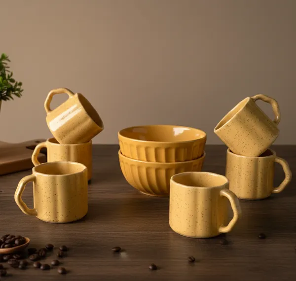 IZZYLYF_Yellow_Ceramic_Snack_Bowl_&_Tea_Cup_Combo_|_2_Bowls_+_6_Tea_Cups(Fringe)_|_Microwave_&_Dishwasher_Safe_|_Multipurpose_Combo_for_Coffee,_Snacking,_Diwali_Gifting