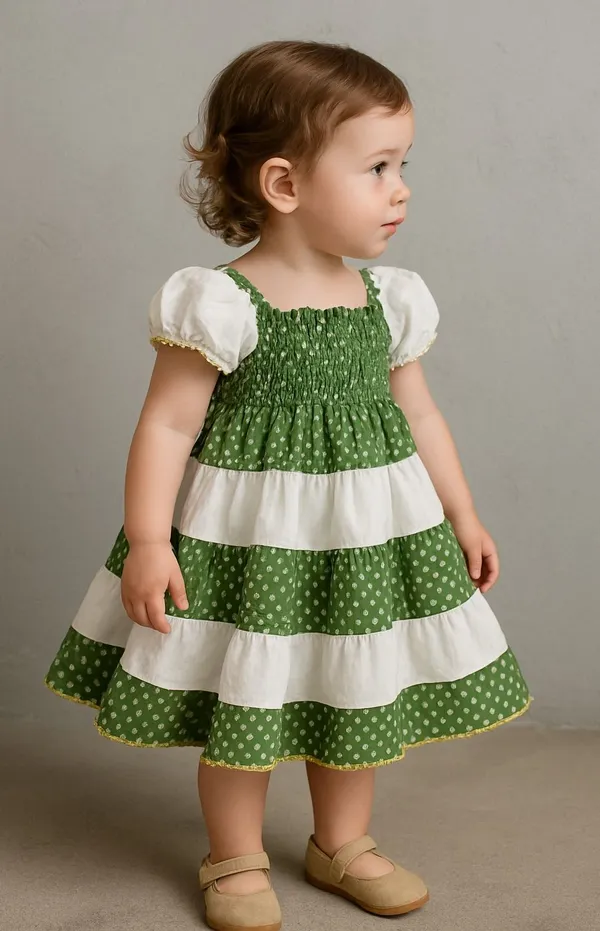Dark_Green_&_White_Midi/Knee_Length_Casual_Dress_Half_Sleeve_For_Kids