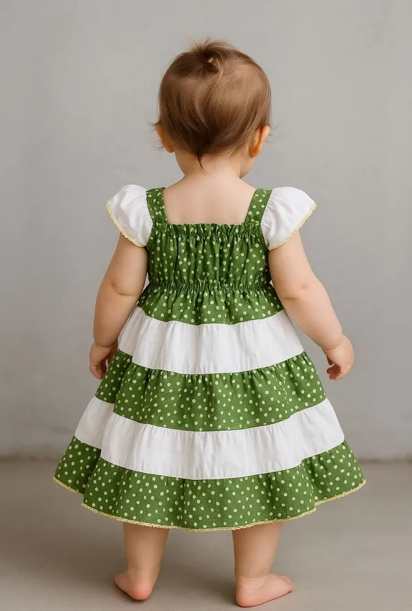 Dark_Green_&_White_Midi/Knee_Length_Casual_Dress_Half_Sleeve_For_Kids